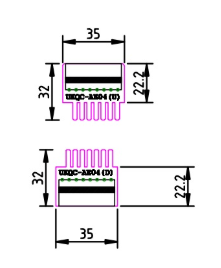 PLC-AE04-DR08 modul felső és alsó gyorscsatlakozó méretrajza